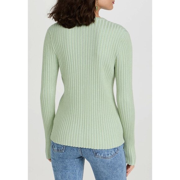 New Tory Burch Metallic Stripe Merino Wool Ribbed Cardigan Mint Green Large $448 - Picture 3 of 9